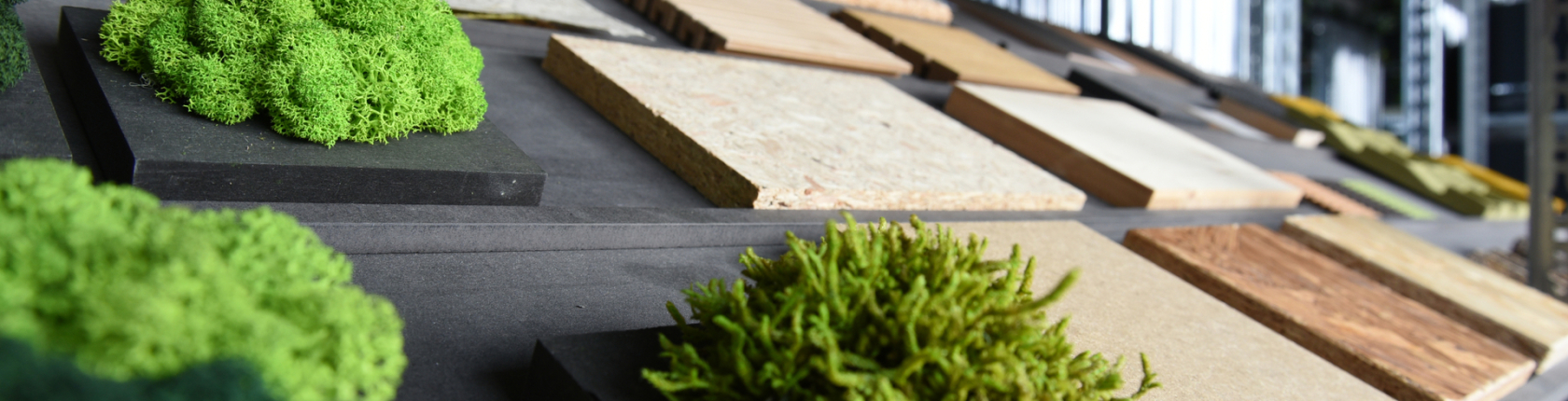Verschiedene nachhaltige Materialien, darunter grüne Moosflächen und unterschiedliche Holz- und Steinplatten, die in einem Regal ausgestellt sind.