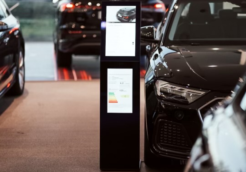 Information pillars in the showrooms of Audi and Volkswagen